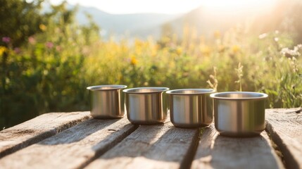 Fototapeta premium Four metal cups on a weathered wooden table, bathed in sunlight, with a vibrant field of flowers and mountains in the background