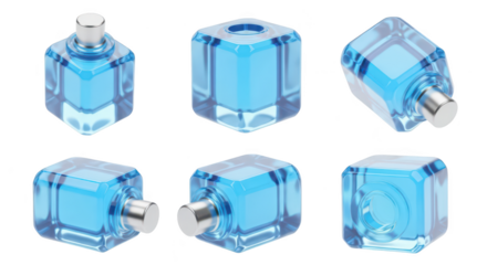 Six angles of a blue glass fragrance bottle isolated on white showcasing its design for cosmetic advertisement