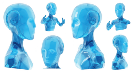 Transparent blue humanoid AI busts in various poses on a white background highlighting future technology concepts and design elements