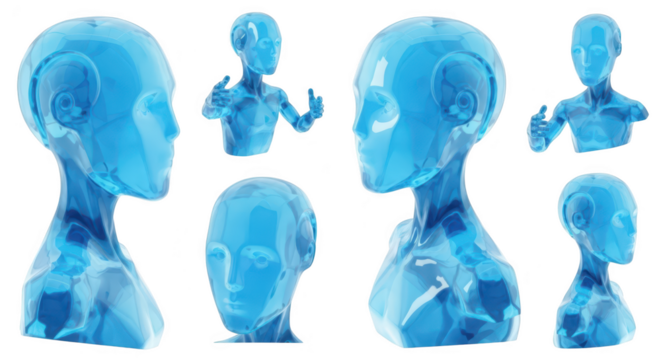 Transparent blue humanoid AI busts in various poses on a white background highlighting future technology concepts and design elements