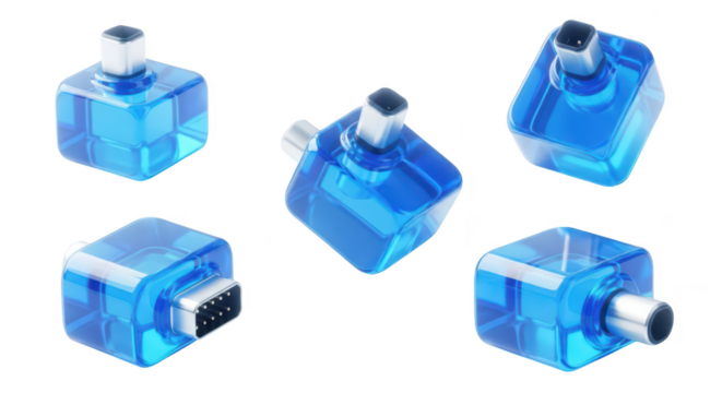Five blue transparent adapters in various orientations on a white surface showcasing connectivity and technology concepts usable for presentations