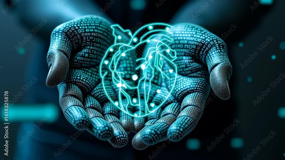 Poster digital hands embrace glowing heart, symbolizing health and technology, with binary code highlightin