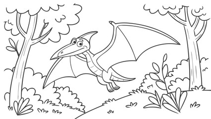 Naklejka premium Vector Cartoon funny Pteranodon, funny image in the forest, Coloring book page for children. Line Art isolated on white background