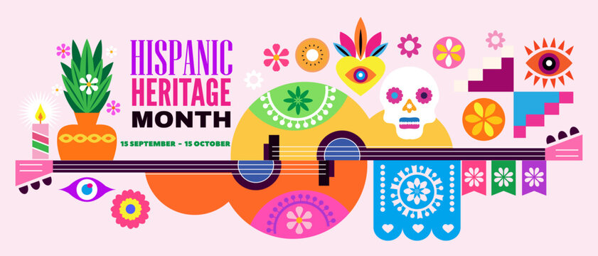 National hispanic heritage month banner with floral design, papel picado, guitar Hispanic and Latino Americans culture, event Celebrate annual october in United States Vector illustration 