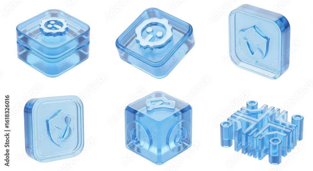 Poster six transparent blue glass cubes on a white background each featuring different tech-inspired icons 