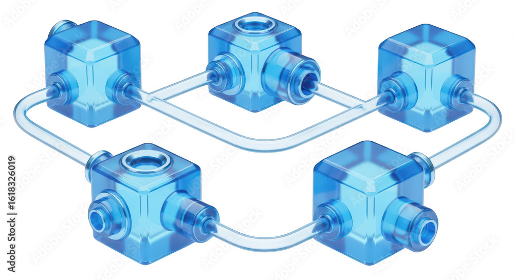 Aufkleber transparent blue blocks connected by tubes showcasing network architecture set on white background h