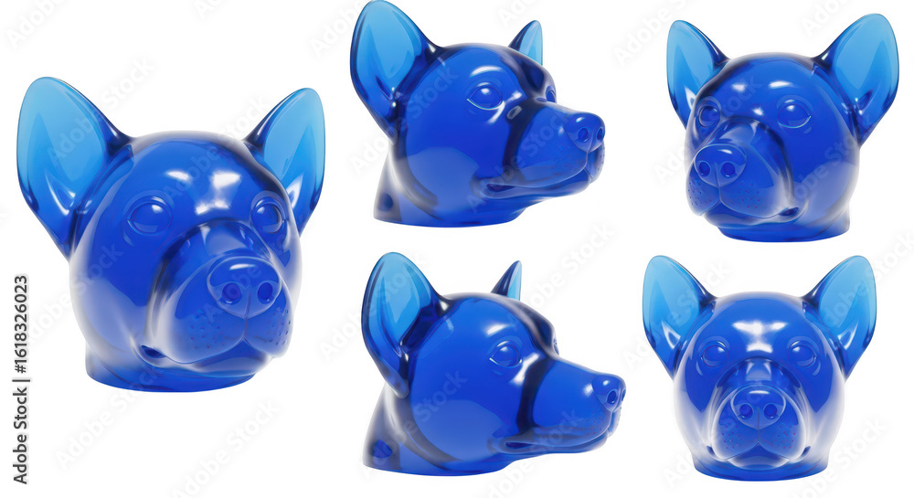 Aufkleber blue glass dog heads in various angles on a white surface creating a 3d effect suitable for product 