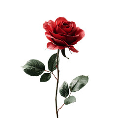  A realistic photo of a single red rose, with detailed petals and green leaves on its stem, set against a Transparent background PNG