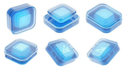 Isometric transparent blue digital UI elements on a white background used for futuristic interface design or data visualization