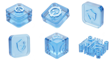 Six transparent blue glass cubes on a white background each featuring different tech-inspired icons for design or UI use