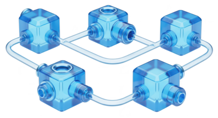 Transparent blue blocks connected by tubes showcasing network architecture set on white background highlighting data flow for tech illustrations