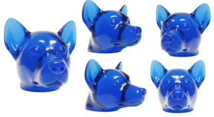 Blue glass dog heads in various angles on a white surface creating a 3D effect suitable for product visuals
