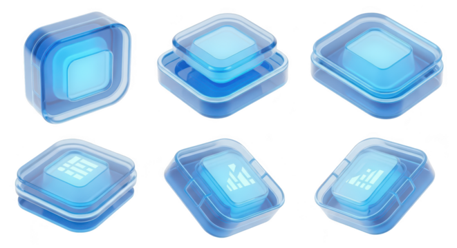 Isometric transparent blue digital UI elements on a white background used for futuristic interface design or data visualization