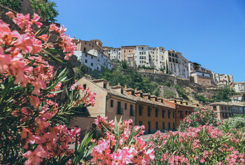 pink flowers and colorful houses hanging on hill in sunny cuenca spain in middle of summer