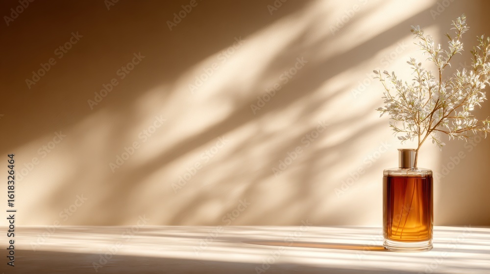 Poster a minimalist scene featuring a stylish vase with a branch of flowers, casting shadows and creating a