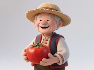 Smiling Elderly Farmer Embracing Tomato: 3D Illustration with Felt Texture. Creative Abstract Commercial Background for Agriculture, Technology, and Economic Growth. Heartwarming Design for Posters, B
