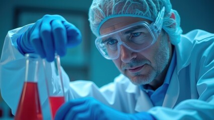 elderly man in protective medical gear conducting scientific experiment with red liquid test tubes
