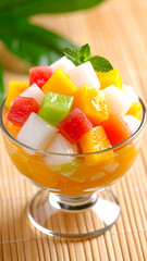 Colorful Indonesian Mixed Fruit Dessert with Jelly and Ice Served in Classic Glass Bowl
