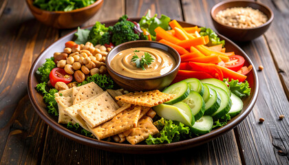 Fresh Indonesian Salad with Tempeh, Tofu, Vegetables, and Spicy Peanut Dressing on Rustic Plate