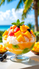 Es Campur with Shaved Ice, Fruits, Jelly, and Condensed Milk Served in Beachside Ambience