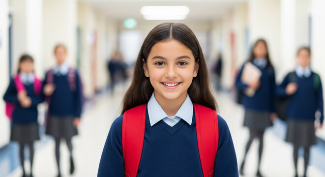 Portrait of a confident schoolgirl in uniform with a red backpack, smiling at the camera in a bright school hallway - Powered by Adobe
