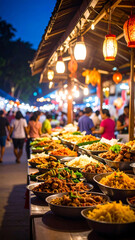 Indonesian Night Market Serving Popular Street Foods and Local Delicacies Under Warm Lights