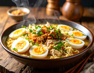 Indonesian Chicken Soto with Rice, Boiled Egg, Vermicelli, and Herbs Served in a Steaming Bowl