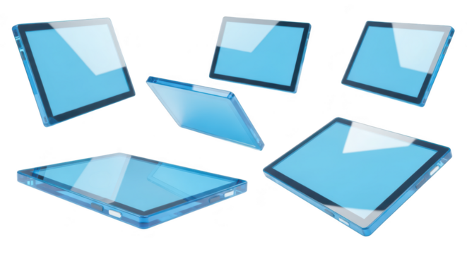 Modern tablets floating multiple angles white background showcasing technology and digital displays for conceptual designs
