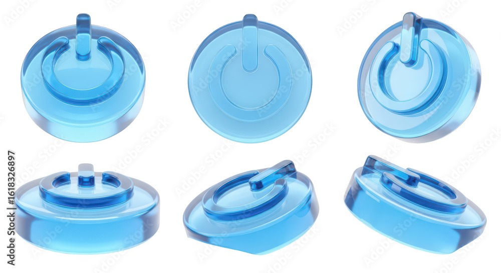 Poster glass power button set in various angles isolated on white representing activation energy and user i