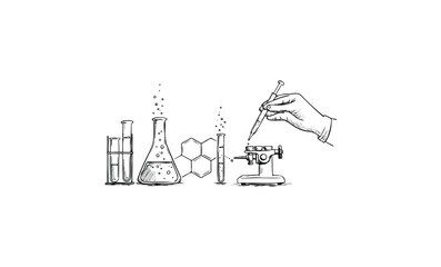 Hand drawing chemistry tools experiment with beakers and test tubes. Vector retro hand drawn illustration