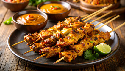 Grilled Satay Skewers Served with Sambal, Peanut Sauce, and Lontong in Indonesian Style