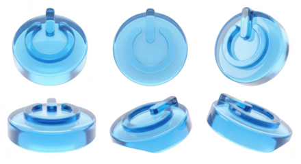 Glass power button set in various angles isolated on white representing activation energy and user interface design