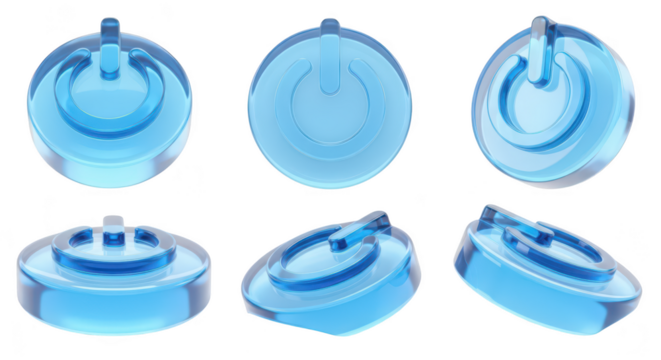Glass power button set in various angles isolated on white representing activation energy and user interface design