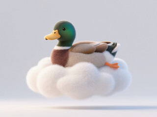 Whimsical Duck on Cloud: 3D Felt Texture Illustration for Creative Commercial Backgrounds. Abstract Design Element for Financial Tech, Annual Meetings, Book Covers, and Posters. Healing Art Concept fo
