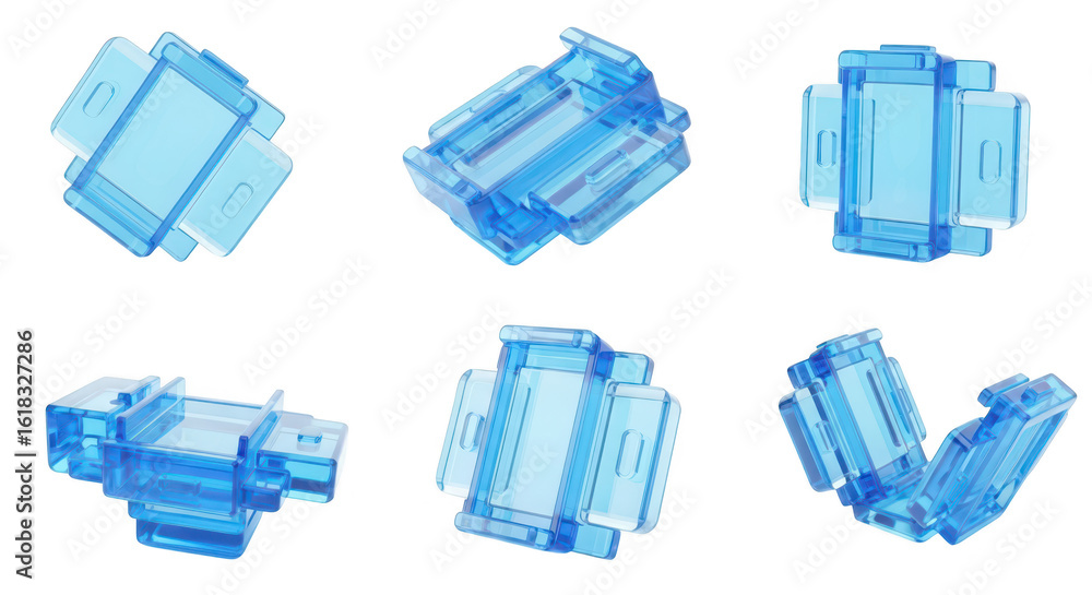 Poster blue translucent plastic component displays different angles against a white backdrop showcasing mod