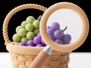 Creative 3D Illustration: Basket of Grapes with Magnifying Glass. Abstract Commercial Background for Financial Tech, Annual Meetings, and Economic Dynamics. Felt Texture Design Element for Posters, Bo