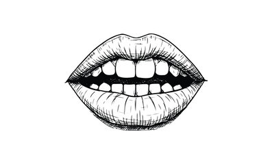 Hand-drawn black and white illustration of human lips and teeth in detail. Vector retro hand drawn illustration