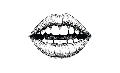 Fototapeta premium Black and white sketch of a smiling mouth with open lips and detailed lines. Vector retro hand drawn illustration