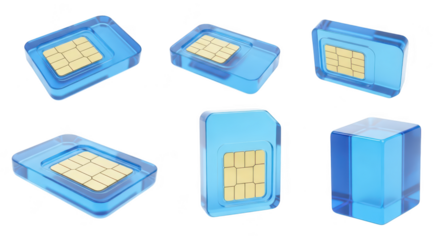 Transparent SIM cards isolated on white background multiple perspectives; used for mobile connectivity