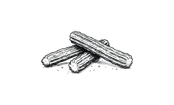 Black and white sketch of three churros with crumbs on white background. Vector retro hand drawn illustration