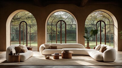 A sophisticated, curvaceous sectional sofa arrangement in a light-filled, airy room