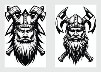 Viking Warrior Head with Helmet and Crossed Axes in Black Vector Illustration

