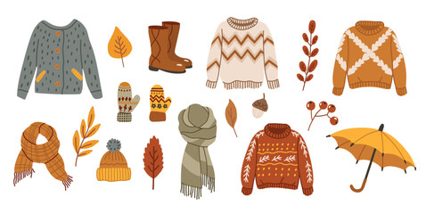Autumn clothes set, different fashion cozy collection. Warm seasonal clothes, cozy seasonal art