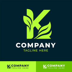 Leaf decorated letter K logo design for eco friendly business branding  
