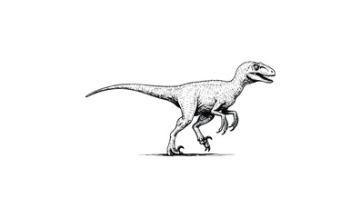 Obraz premium Detailed black and white illustration of a velociraptor dinosaur on white background. Vector retro hand drawn illustration