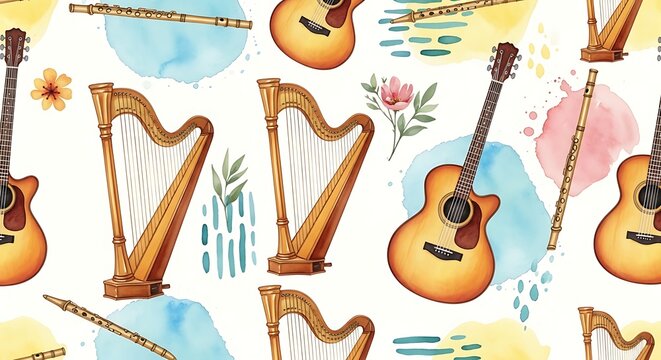 Watercolor musical instrument pattern featuring harps, guitars, and flutes creating a harmonious