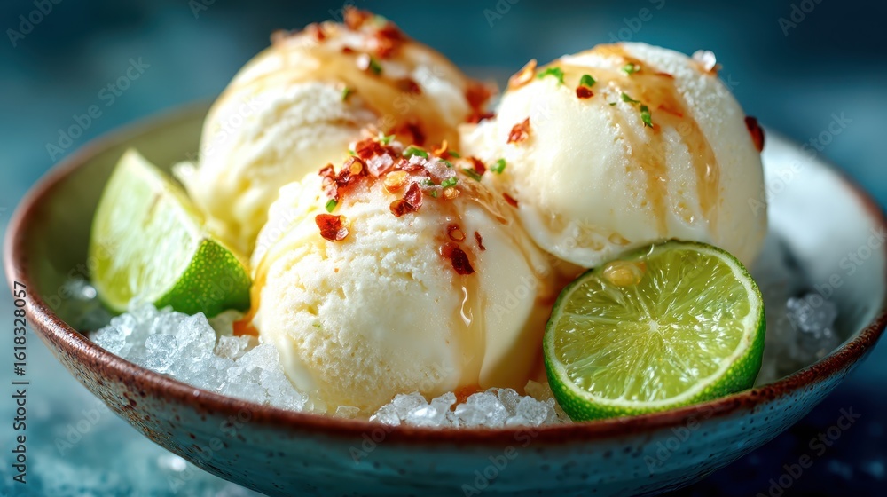 Poster a bowl of creamy ice cream scoops drizzled with syrup and garnished with lime slices and a hint of s