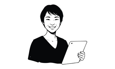 Asian female adult smiling with tablet in hand. Vector retro hand drawn illustration