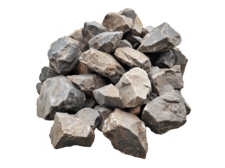 A realistic pile of rough cut natural grey rocks on a transparent background
