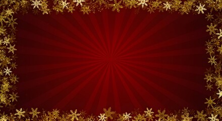 Elegant Red Christmas Background with Golden Snowflake Border and Festive Radial Burst